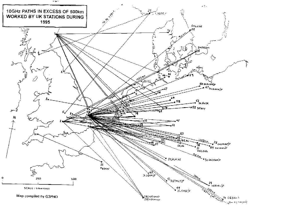 CLICK TO VIEW: MAP showing 10GHz contacts exceeding 500km, made from UK during 1995.