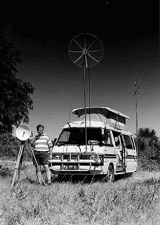 Portable station of VK6KZ showing campervan and VHF/microwave setup